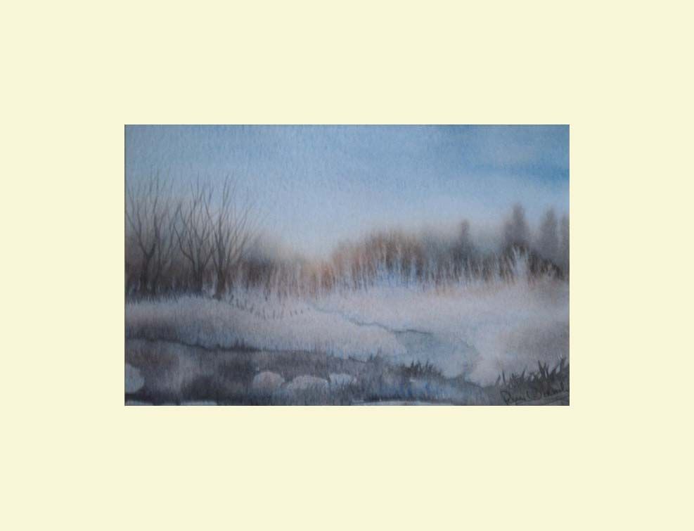 Watercolour painting of winter woodland